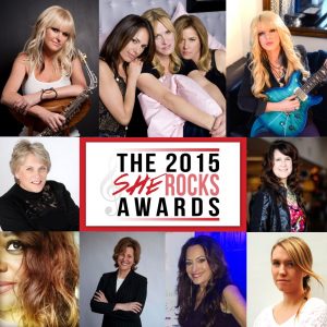 Desde la esquina superior izquierda, en sentido de las agujas del reloj: Mindi Abair, Susanna Hoffs, Debbi Peterson y Vicki Peterson de the Bangles, Orianthi, Amani Duncan, Katie Kailus, Debbie Cavalier, Paula Salvatore, Gayle Beacock, y Craigie Zildjian